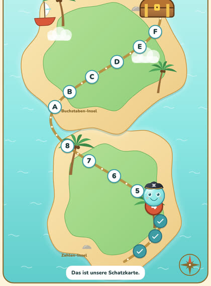 Die Schatzkarte in der App: zwei Inseln mit Palmen, ein gepunkteter Weg mit den Stationen 1 bis 8 auf der Zahlen-Insel und A bis F auf der Buchstaben-Insel, am Ende eine Schatztruhe. Moxu steht bei Station 4.